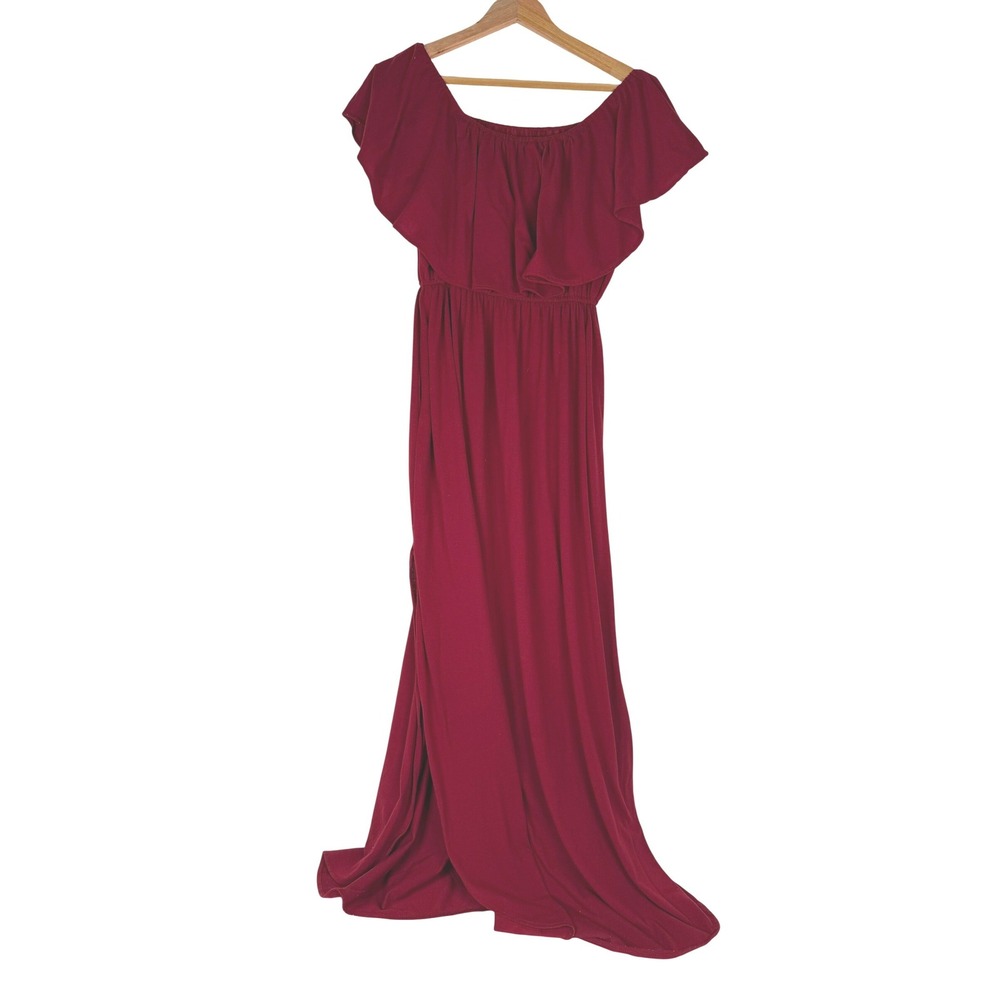 THANTH Maxi Dress Women‎ Medium Red Ruffle Off Shoulder Side Slit Cotton Spandex